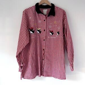 Vintage‎ 90s Y2K Christmas Red Gingham Plaid Cottagecore Velvet Button Shirt 26W